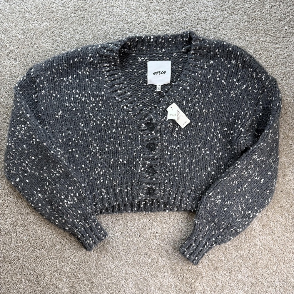 Aerie Cardigan Sweater Womens Small Gray V Neck Button Cropped Chunky-Knit